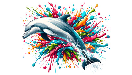 Mesmerizing Dolphin Emerging from a Symphony of Colorful Splashes and Swirls