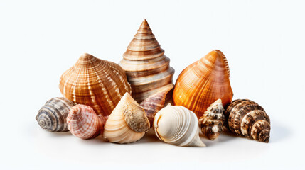 Beautiful sea shells resting gracefully on a pristine white background, a serene touch of the beach