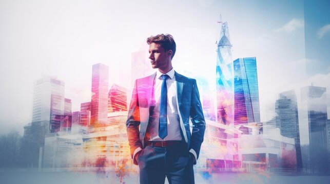 Double exposure photography of business man and the beautiful London city, business, professional, suit, office, thinking, executive, corporate, lifestyle, creative, smart, finance, job, future