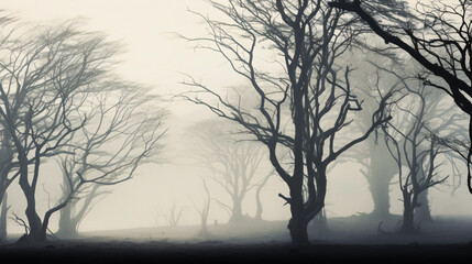 A misty, mysterious morning with fog-veiled trees silhouetted, providing an enchanting aura.
