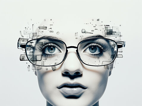 The ephemeral beauty captured in time as various graphics float on the face of a woman wearing glasses is a graphic that sparks futuristic imagination and knowledge.