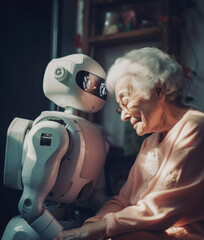 Happy Senior Woman With Robot In Retirement Home; AI Generated - 665735331