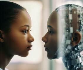 Girl And Robot Looking Face To Face; AI Generated