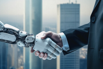 Handshake Between AI Robot And Businessman, AI Generated