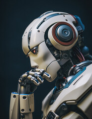 White Humanoid Robot Thinking On Dark Background; AI Generated