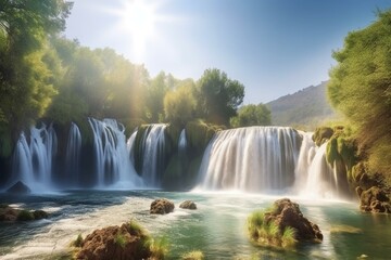Stunning waterfall among scenic landscape. Generative AI