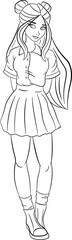 Beautiful Teenage Girl for Coloring. Vector Illustration of a Schoolgirl or Student in a Short Skirt and Shirt