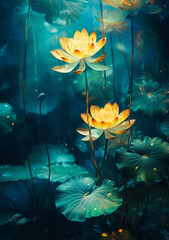 Fototapeta na wymiar Tranquil Pond with Glowing Yellow Water Lilies - Shimmering Light & Delicate Lily Pads Enhancing Nature's Magic.