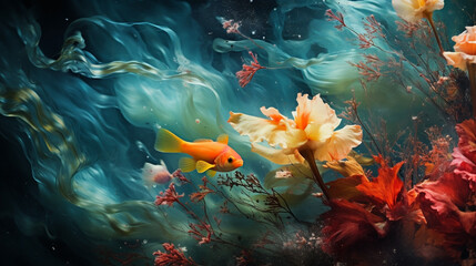 Fototapeta na wymiar Goldfish Gliding in Dreamlike Aqua-Blue Waters Adorned with Vibrant Orange & Red Flowers - Melding Nature's Artistry and Serenity.