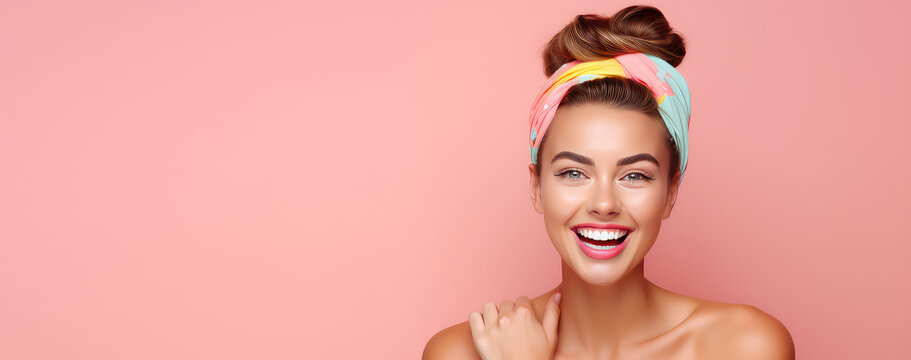 Young beautiful smiling woman in trendy headband on head isolated on flat color background with copy space. 