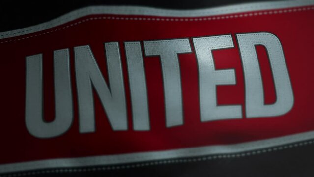 Red, white and black United football flag texture background, waving banner in wind, manchester textile, stiching and lettering animation