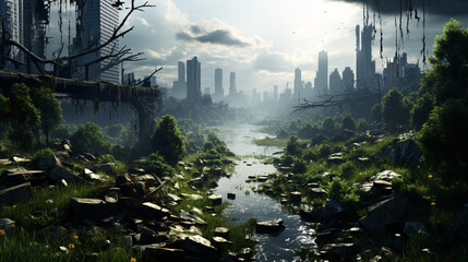 A cityscape reclaimed by nature in a post-apocalyptic world, depicted through 3D rendering..