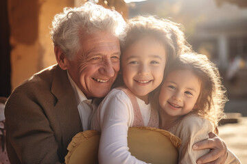 Meeting of grandfather and grandchildren. An elderly man and his grandchildren are happy together. They hug and rejoice at meeting each other. Caring for the elderly. Children visit old people.