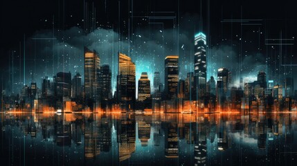 Glitched cityscape at night with fragmented buildings, flickering lights, and urban landscape. Abstract and distorted, showcasing glitched architecture and city lights