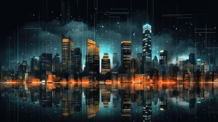 Foto op Canvas Glitched cityscape at night with fragmented buildings, flickering lights, and urban landscape. Abstract and distorted, showcasing glitched architecture and city lights © Aidas
