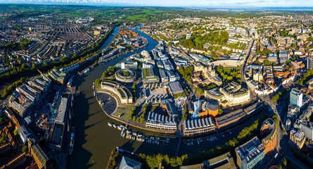 Aerial view of central Bristol in sunny morning, England - 665738739