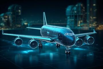 Airplane on the background of the night city. 3d rendering