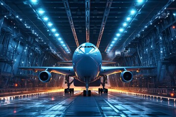 Obraz premium Airplane in the hangar at night. 3d rendering. Computer digital drawing.