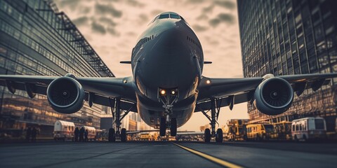 Airplane in the airport. 3d rendering toned image. - obrazy, fototapety, plakaty