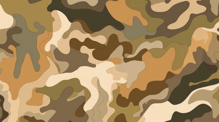 Fototapeta premium Camo pattern with earthy tones, tan, brown, and olive. Illustration of organic shapes on rugged terrain