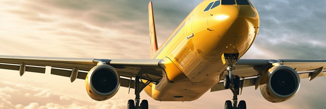 Commercial airplane flying in the sunset sky. 3d render illustration.