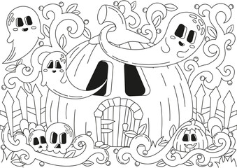 Halloween cozy coloring page for kids and adults with pumpkin shape house and ghosts flying around