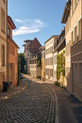 An old cobblestoned lane, Amberg lane in the old town of Rostock on a sunny day.