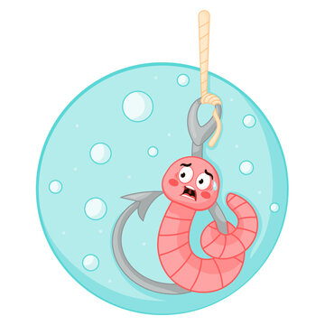 Cute cartoon scared earthworm character sitting on a fishing hook  under the water