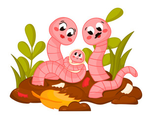Cute cartoon earthworm family characters holding newborn and sitting on the ground