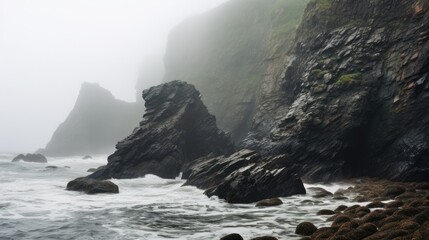 Misty coastal cliffs with sharp rocks, crashing waves, and mysterious fog. A dangerous yet...