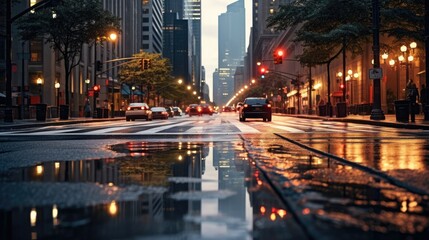 Fototapeta na wymiar Rainy city street with pouring rain, reflecting on the wet pavement. Hyper-realistic image capturing a sharp-focus urban landscape in heavy downpour. Perfect for weather or urban-themed projects