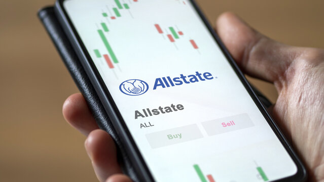 November 3th 2023 Glenview, Illinois. The logo of Allstate on the screen of an exchange. Allstate price stocks, $ALL on a device.