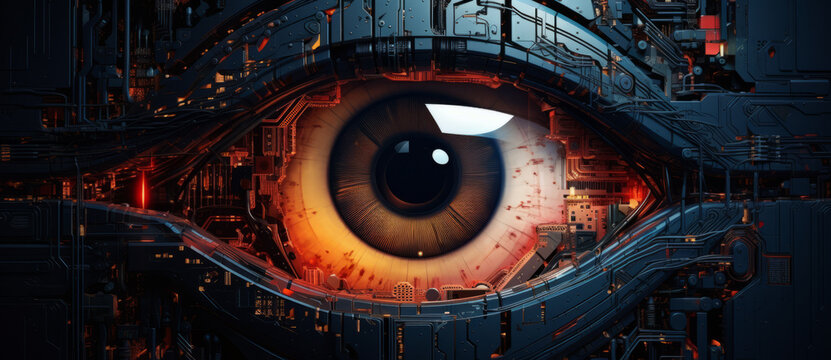 Robotic blue eye,realistic close up view, panorama. A futuristic glowing eye that has undergone a complex scanning process.