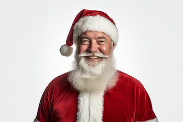 Fototapeta premium A warm and kind hearted father dons a Santa Claus suit, and his smile radiates in front of a pure white backdrop. Generative AI.