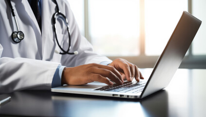 A doctor busily taping away on their laptop in a sterile office, surrounded by walls of knowledge and wearing the clothes of their proud profession