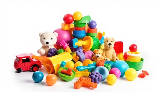 Vibrant and playful colorful toys on a clean white canvas, sparking joy and imagination in children