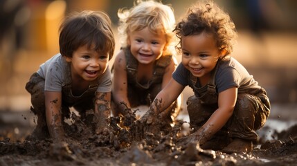 smiling happiness kid playing with mud dirt outdoor backyard garden carefree leisure activity game outdoor sport playing exercise Montessori method education - obrazy, fototapety, plakaty