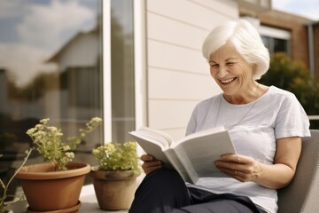 reading relax casual old senior pension woman reading novel book peaceful happiness in balcony garden backyard healthy lifestyle - obrazy, fototapety, plakaty
