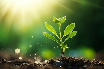 hope and life concept small plant tree growth from soil dirt ground with watering from above with morning sunshine light nature and freshness garden - obrazy, fototapety, plakaty