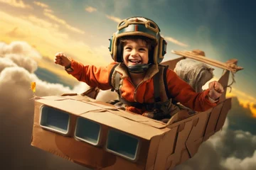 Tuinposter child boy play as a pilot while controling paprt cardbox airplane handmade aircraft playing cun cosplay costume casual relax playrole of a happiness child boy lifestyle © VERTEX SPACE