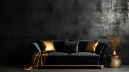 Black sofa with golden cushions in modern interior. Black Friday,banner