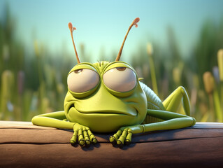 A 3D Cartoon Grasshopper Sleeping Peacefully on a Solid Background