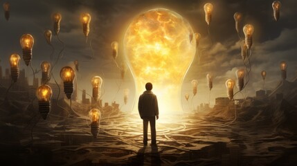 Fototapeta premium Man with alot of lightbulb Idea big thinking creativity and inspiration concepts with lightbulb