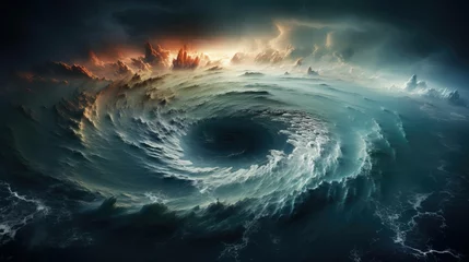 Poster stunning satellite imagery revealing a colossal hurricane, with its eye and spiral arms clearly visible, showcasing the breathtaking and terrifying beauty of nature’s fury. Ai generated © The Strange Binder