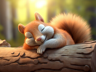 A 3D Cartoon Squirrel Sleeping Peacefully on a Solid Background
