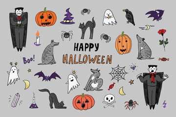 Halloween vampire, bat, pumpkin, ghost, wolf, cat vector illustrations set.