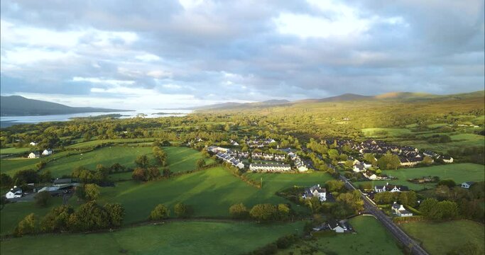 Kenmare Town in Beautiful County Kerry, Ireland at Sunset - Aerial Landscape