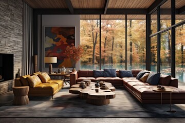 Industrial Chic Living Space with Expansive Windows Overlooking Autumnal Trees, Bold Artwork, and Complementary Earthy Furnishings, Stone Fireplace