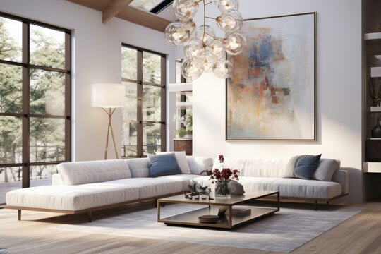 Bright Contemporary Lounge Area with Large Windows, White Sofa, Glass Coffee Table, and Artistic Wall Décor, Glass Bubble Light Fixture