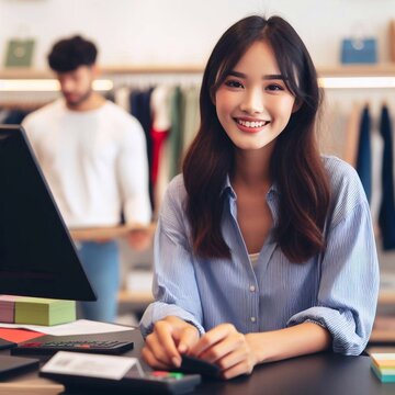 Smiling Woman cashier at clothing store 